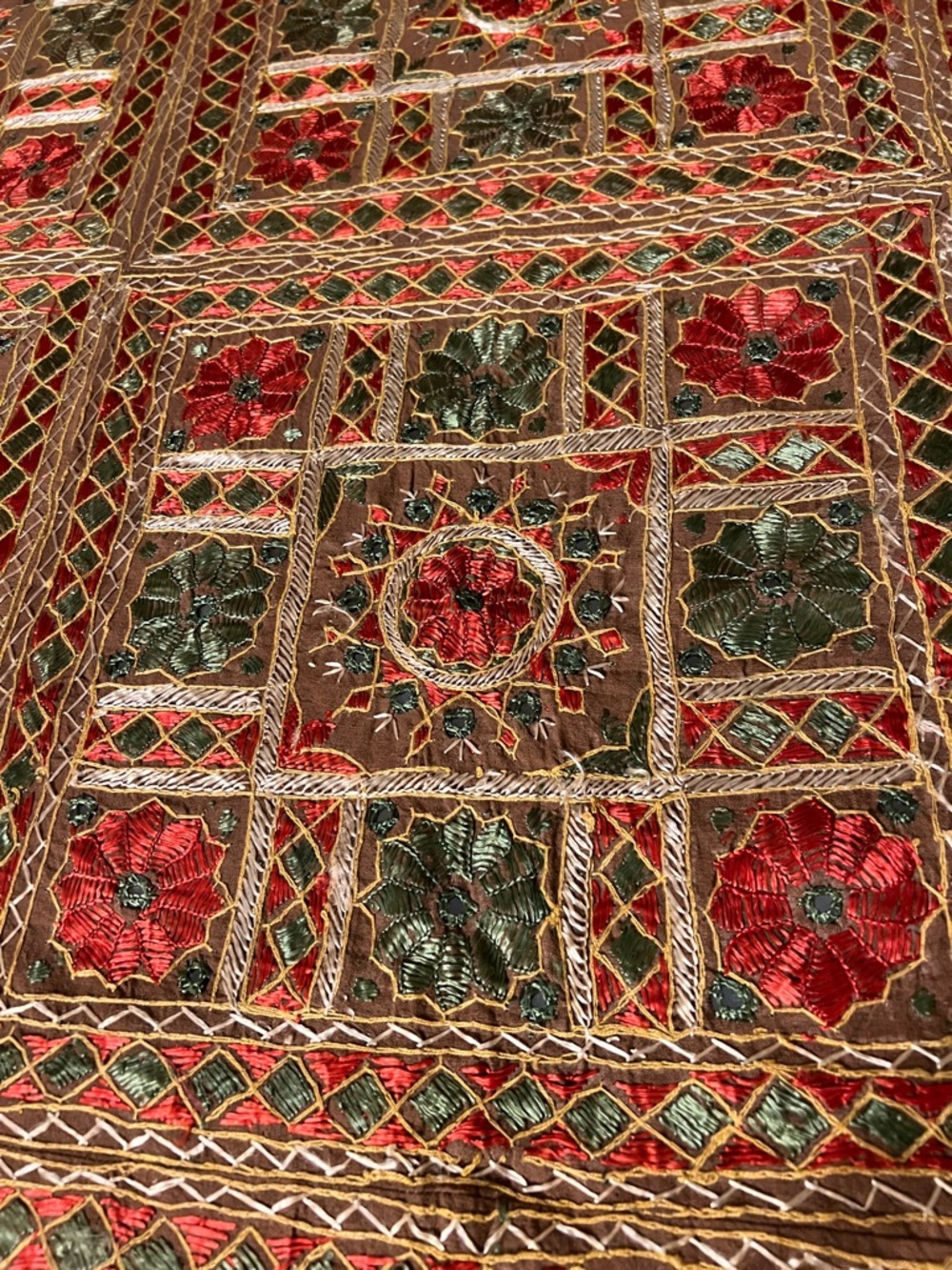 Embroidered Floral Patchwork Quilt - Red, Green on Brown
